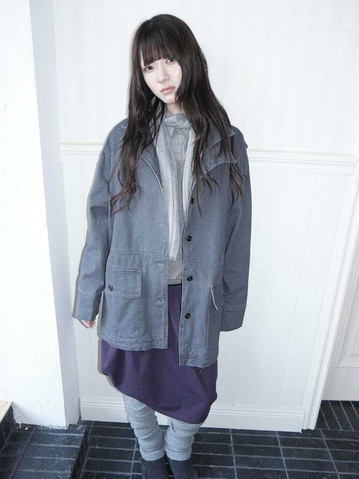ang project Vintage Washed Drawstring Double Layer Collar Mid Length Women&