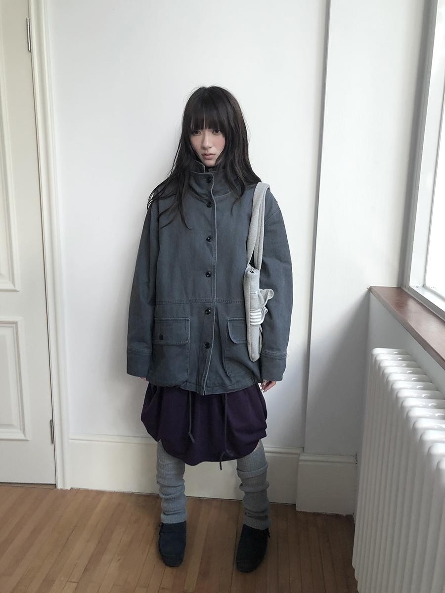 ang project Vintage Washed Drawstring Double Layer Collar Mid Length Women&