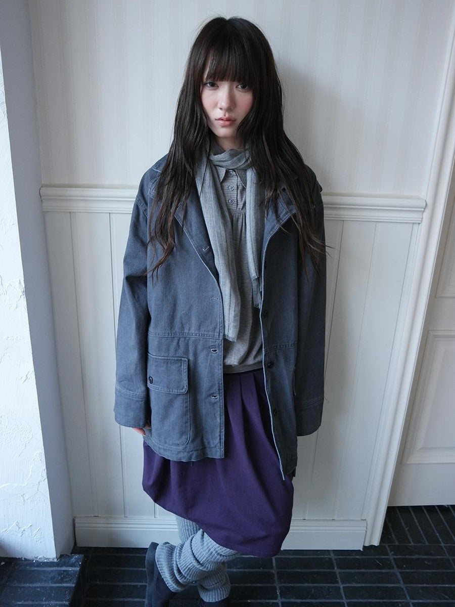 ang project Vintage Washed Drawstring Double Layer Collar Mid Length Women&