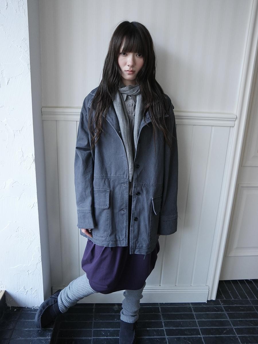 ang project Vintage Washed Drawstring Double Layer Collar Mid Length Women&