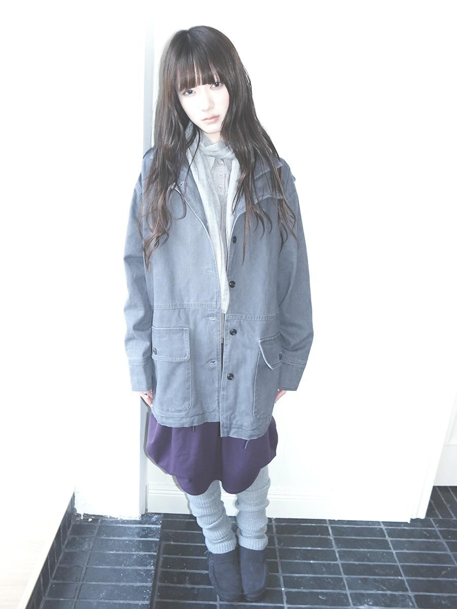 ang project Vintage Washed Drawstring Double Layer Collar Mid Length Women&