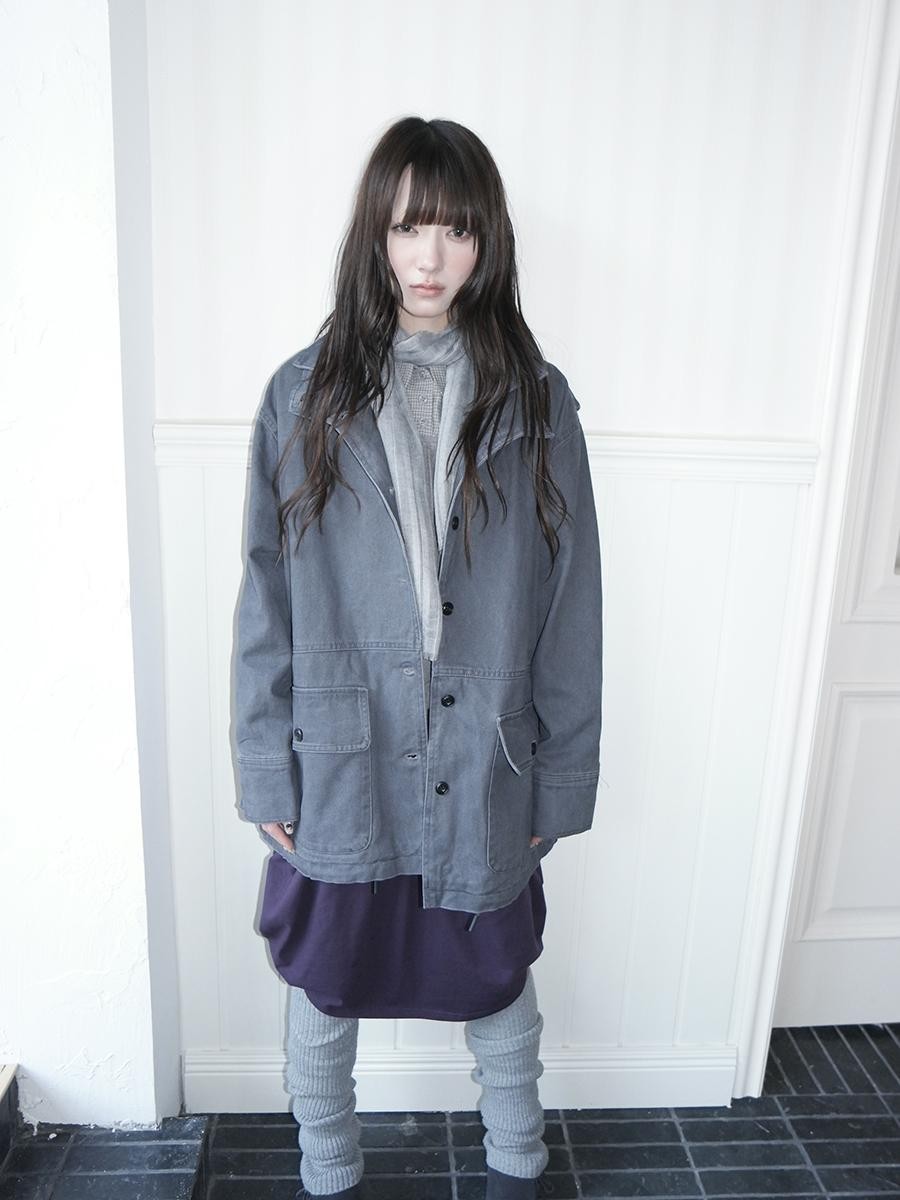 ang project Vintage Washed Drawstring Double Layer Collar Mid Length Women&