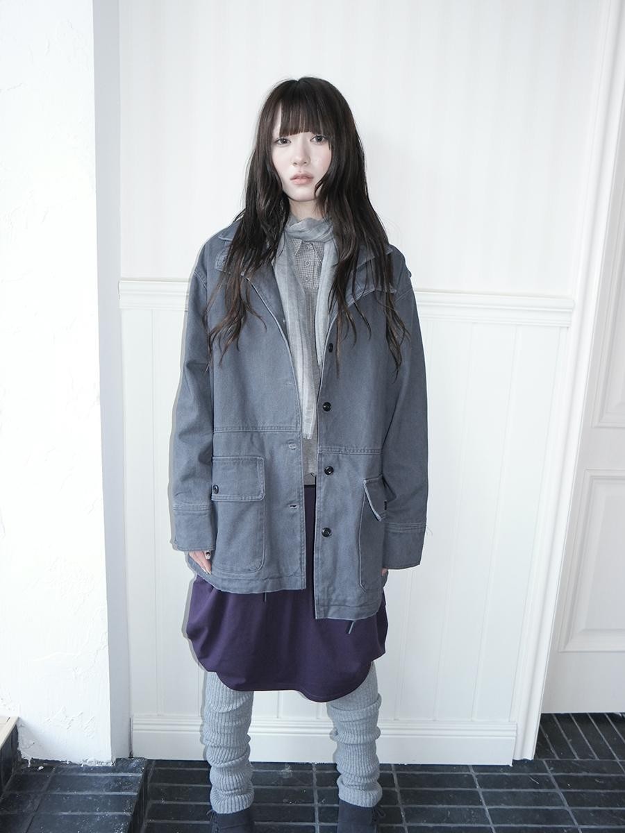 ang project Vintage Washed Drawstring Double Layer Collar Mid Length Women&
