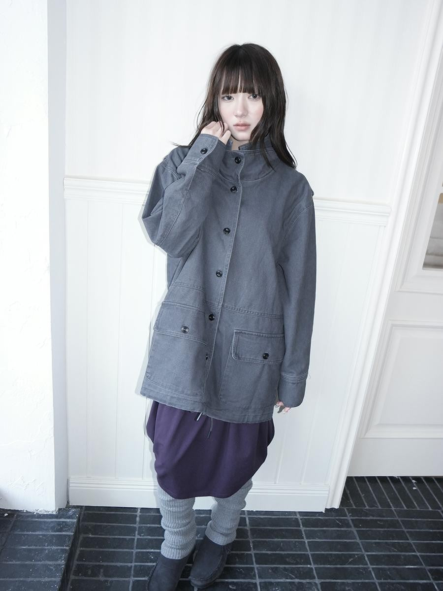 ang project Vintage Washed Drawstring Double Layer Collar Mid Length Women&