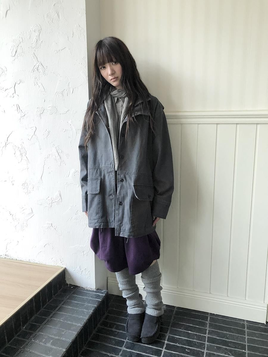 ang project Vintage Washed Drawstring Double Layer Collar Mid Length Women&