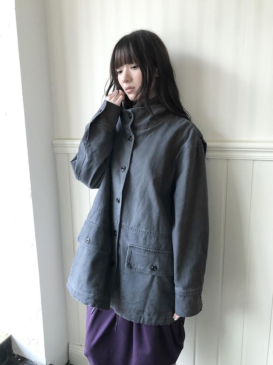 ang project Vintage Washed Drawstring Double Layer Collar Mid Length Women&