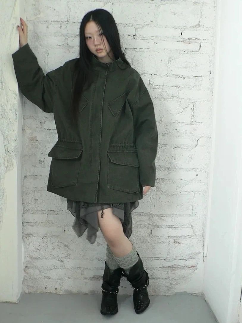 ang project Vintage Washed Drawstring Waist Multi Pocket Long Utility Jacket Jacket