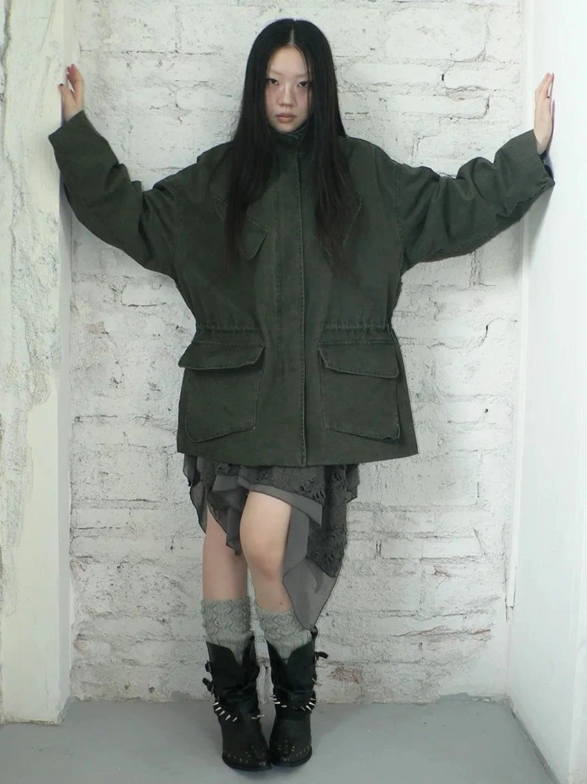 ang project Vintage Washed Drawstring Waist Multi Pocket Long Utility Jacket Jacket