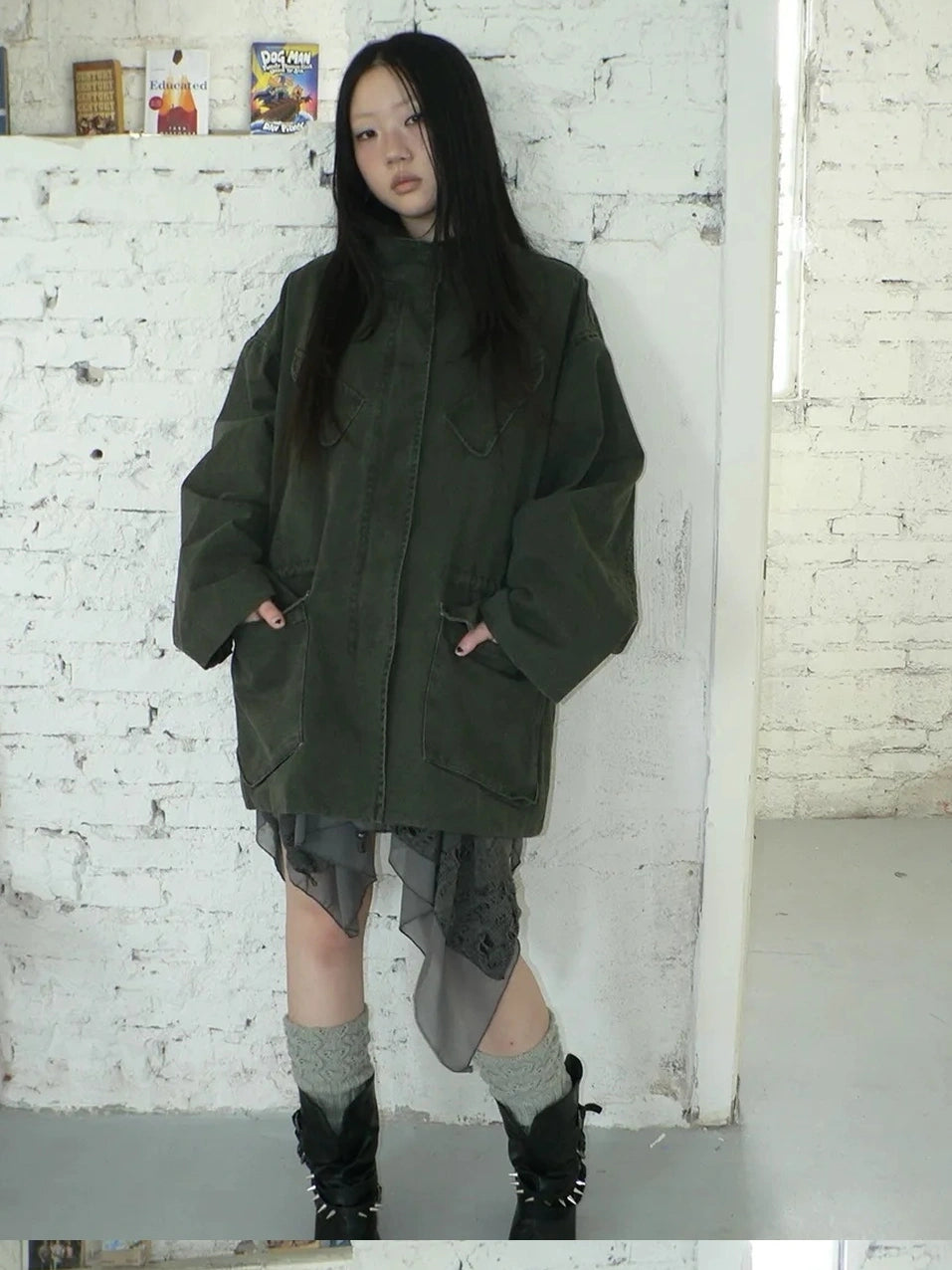 ang project Vintage Washed Drawstring Waist Multi Pocket Long Utility Jacket Jacket