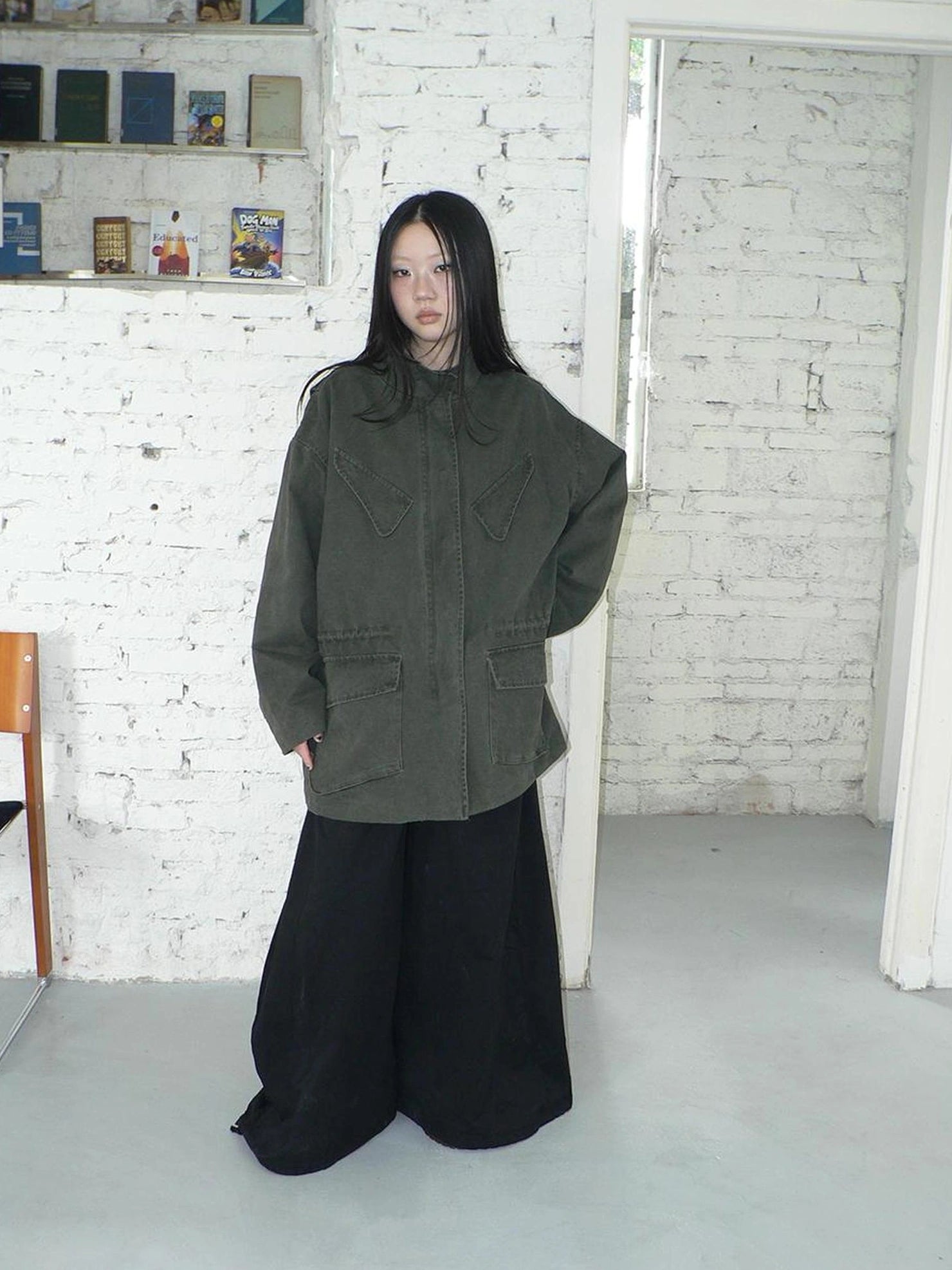 ang project Vintage Washed Drawstring Waist Multi Pocket Long Utility Jacket Jacket