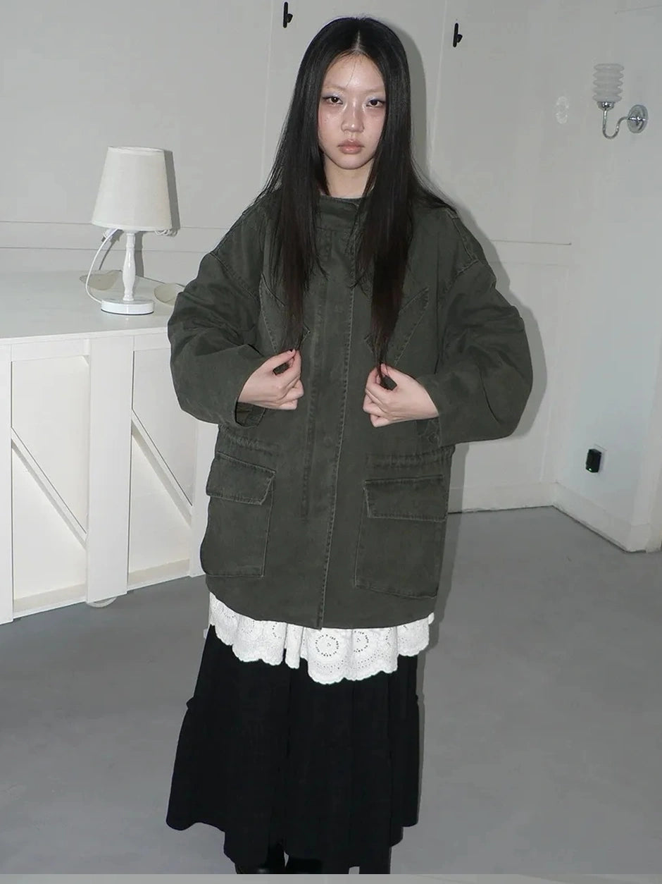 ang project Vintage Washed Drawstring Waist Multi Pocket Long Utility Jacket Jacket