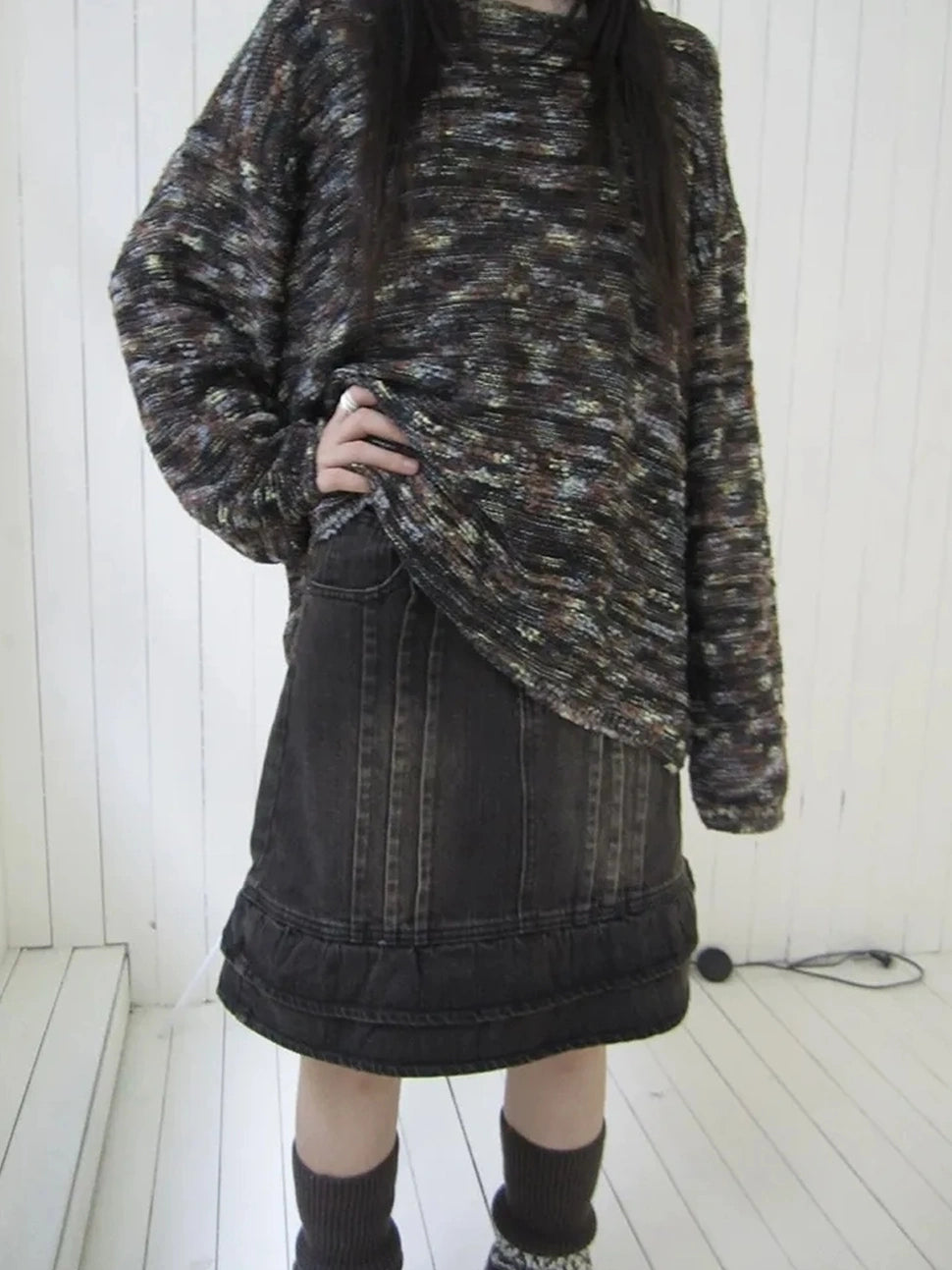 ang project Vintage Washed Pleated High Waist Denim Skirt Skirt