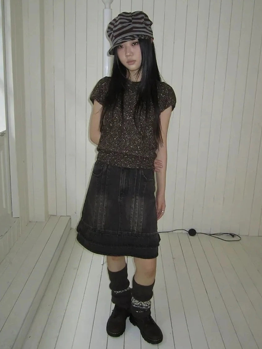 ang project Vintage Washed Pleated High Waist Denim Skirt Skirt