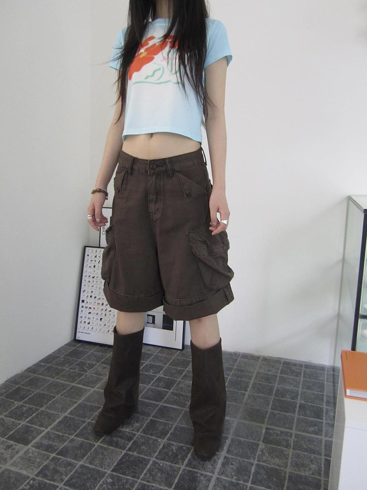ang project Vintage Washed Wide Leg Denim Mid Length Trousers
