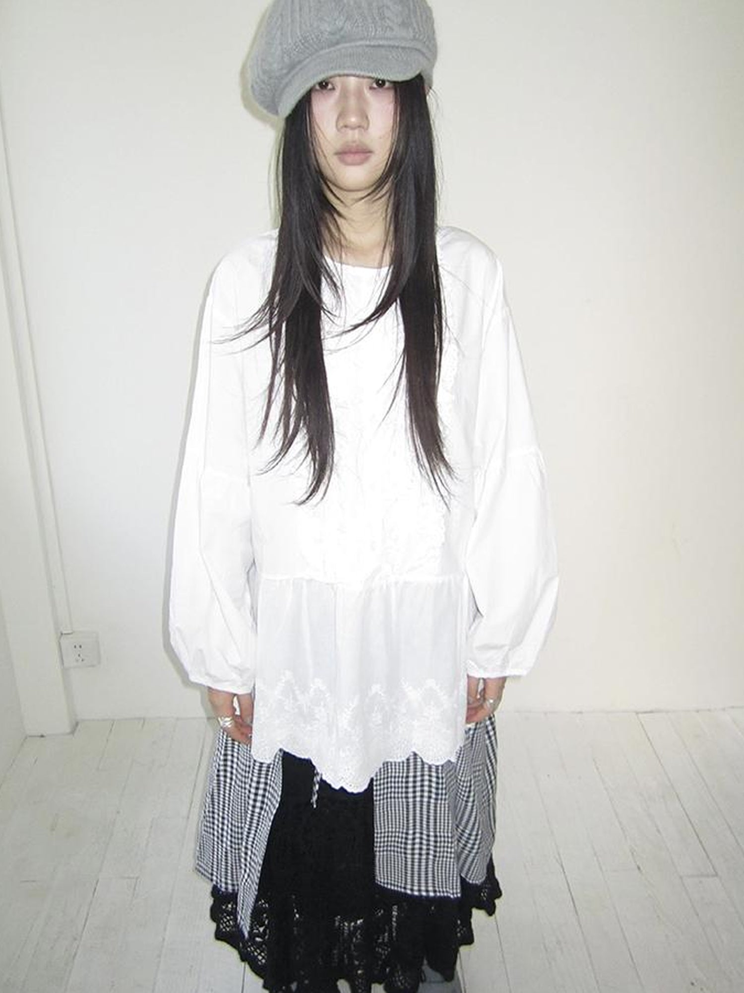 ang project Vintage White Embroidered Lace Trim Oversized Round Neck Blouse