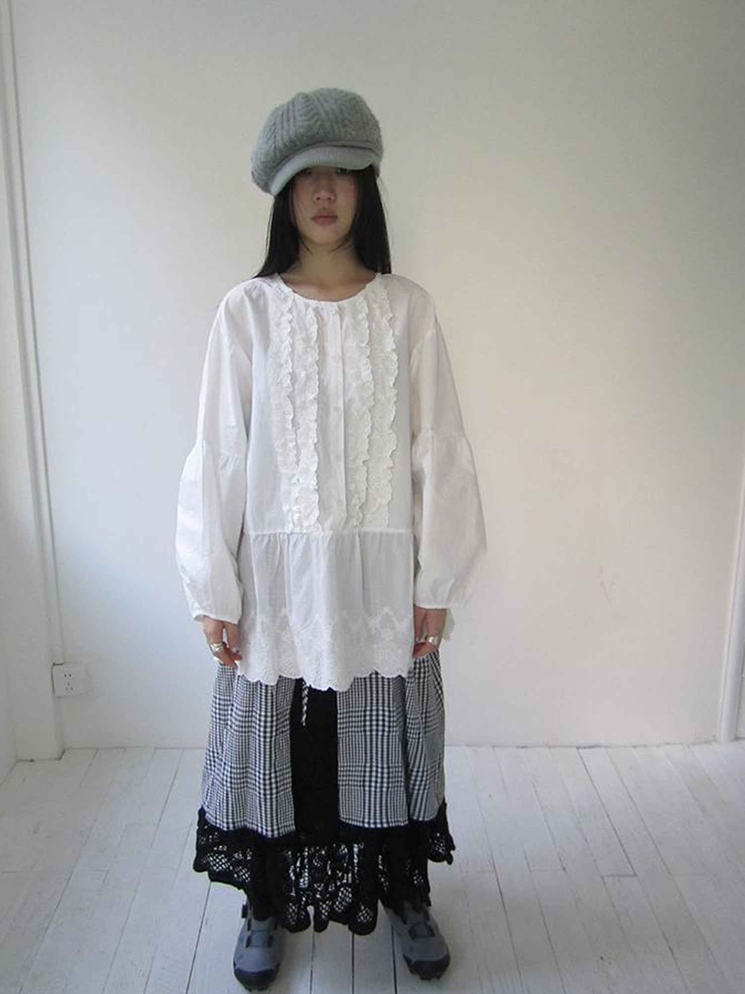 ang project Vintage White Embroidered Lace Trim Oversized Round Neck Blouse