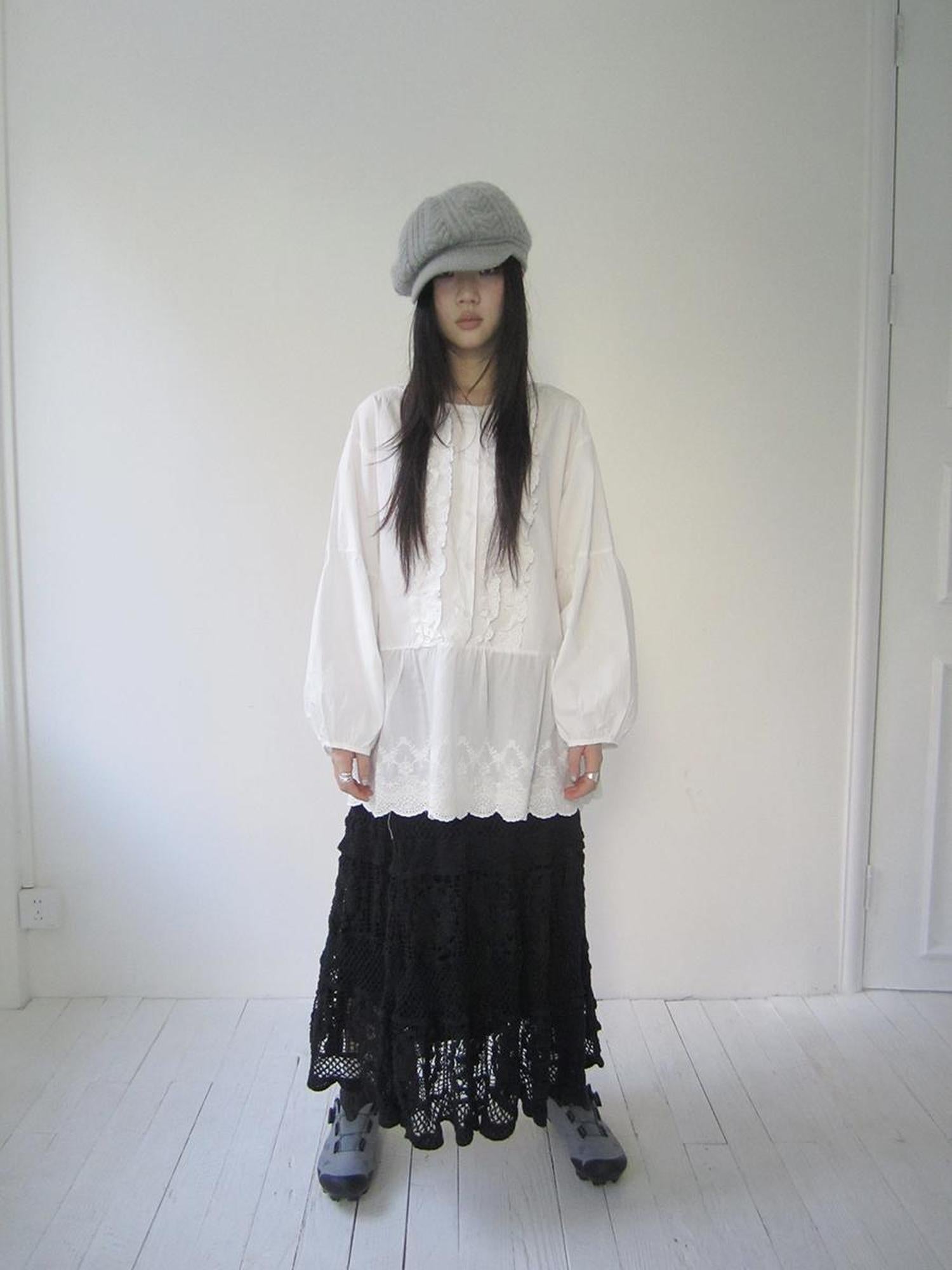 ang project Vintage White Embroidered Lace Trim Oversized Round Neck Blouse