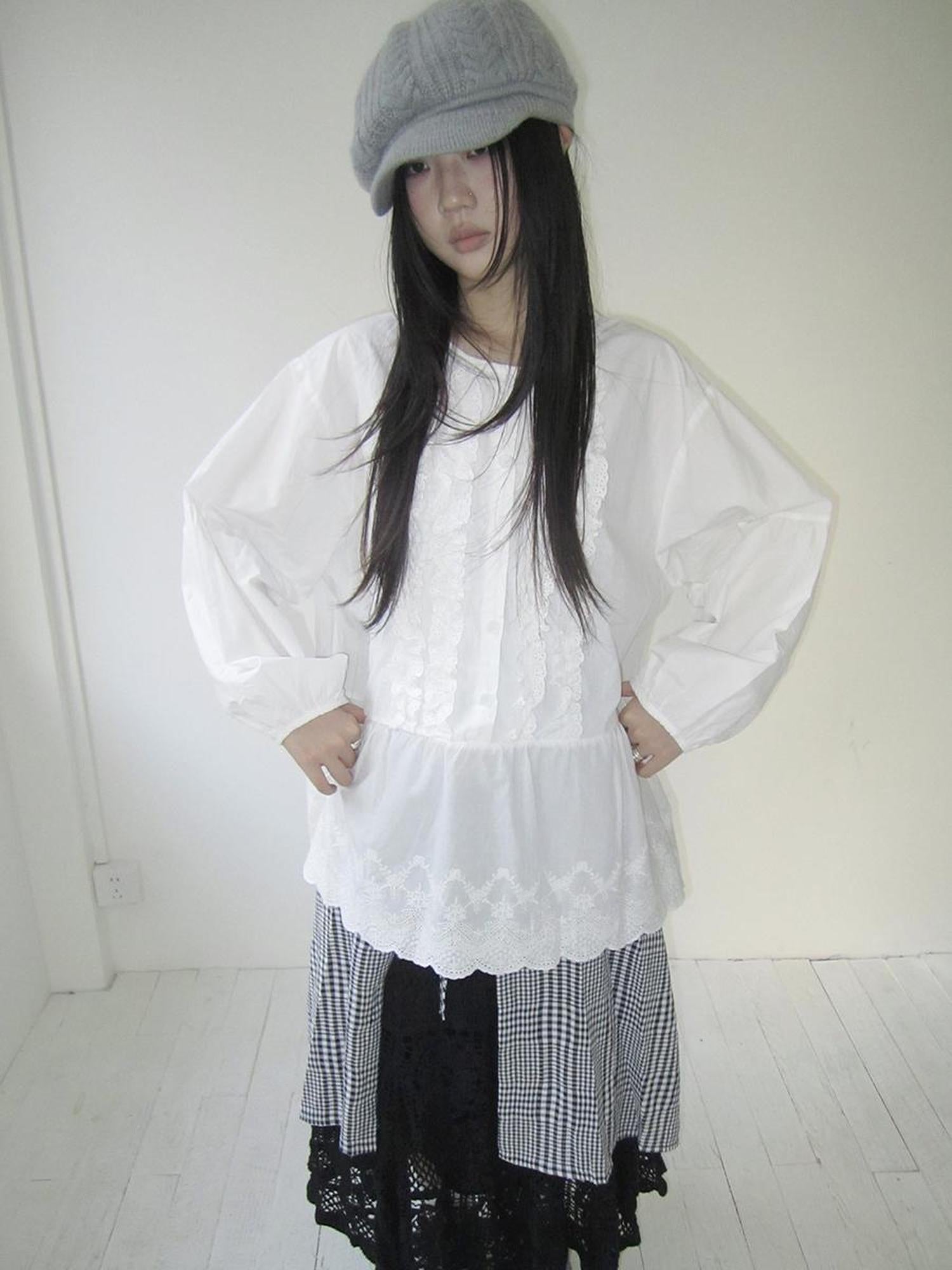 ang project Vintage White Embroidered Lace Trim Oversized Round Neck Blouse