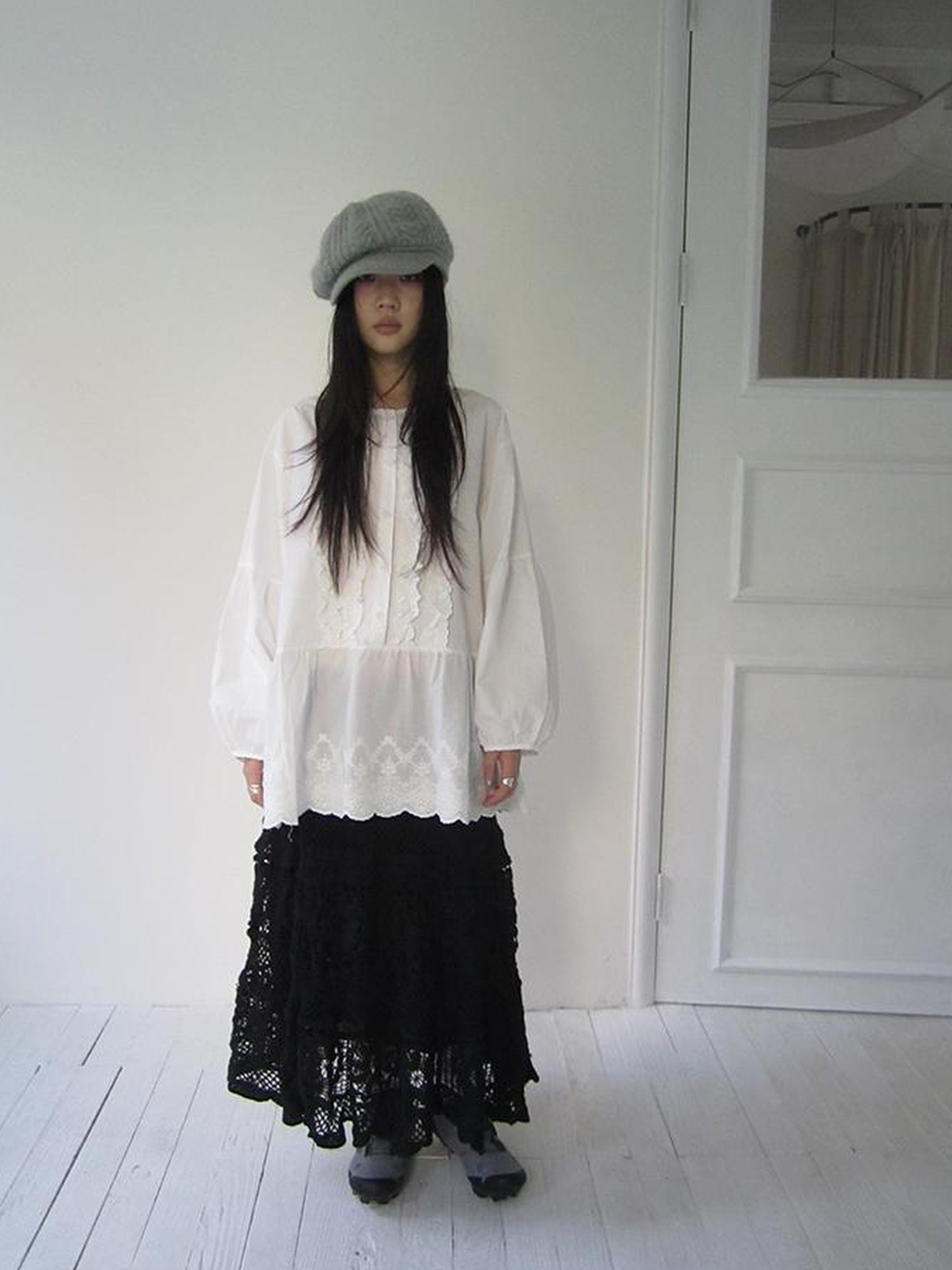 ang project Vintage White Embroidered Lace Trim Oversized Round Neck Blouse