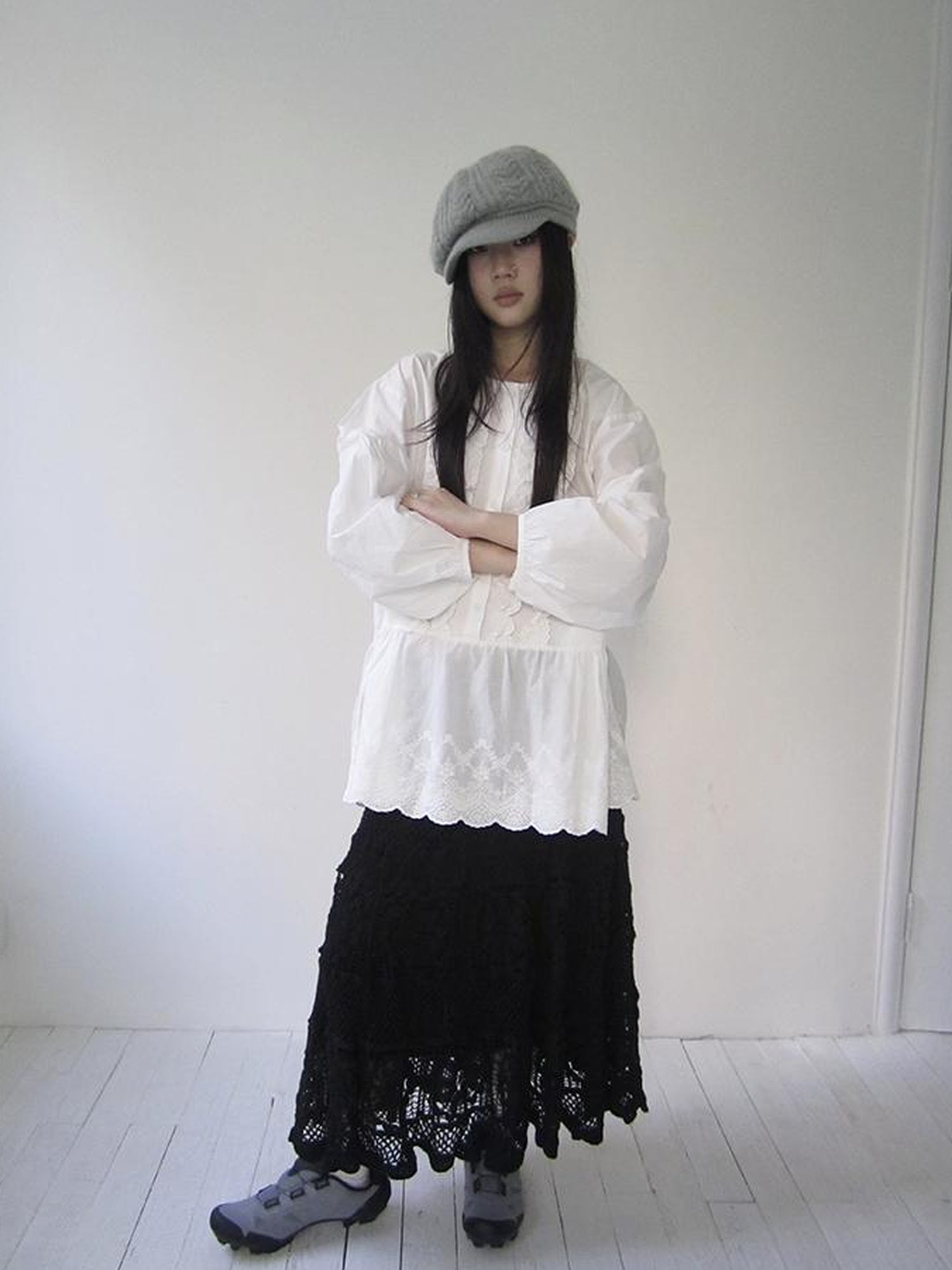 ang project Vintage White Embroidered Lace Trim Oversized Round Neck Blouse