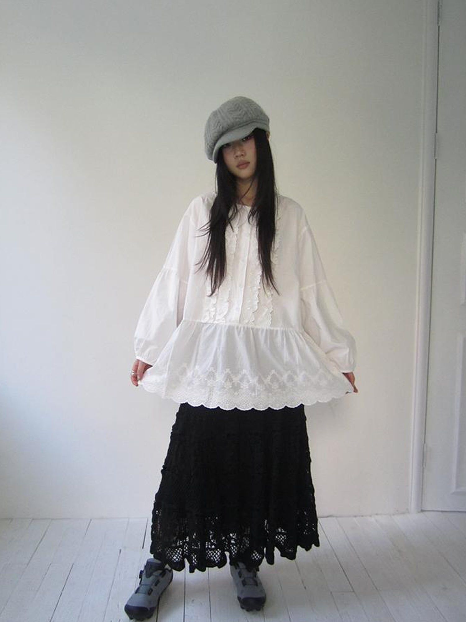ang project Vintage White Embroidered Lace Trim Oversized Round Neck Blouse