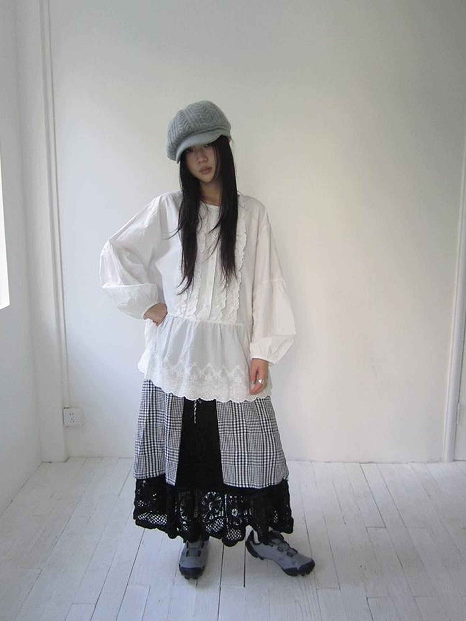 ang project Vintage White Embroidered Lace Trim Oversized Round Neck Blouse
