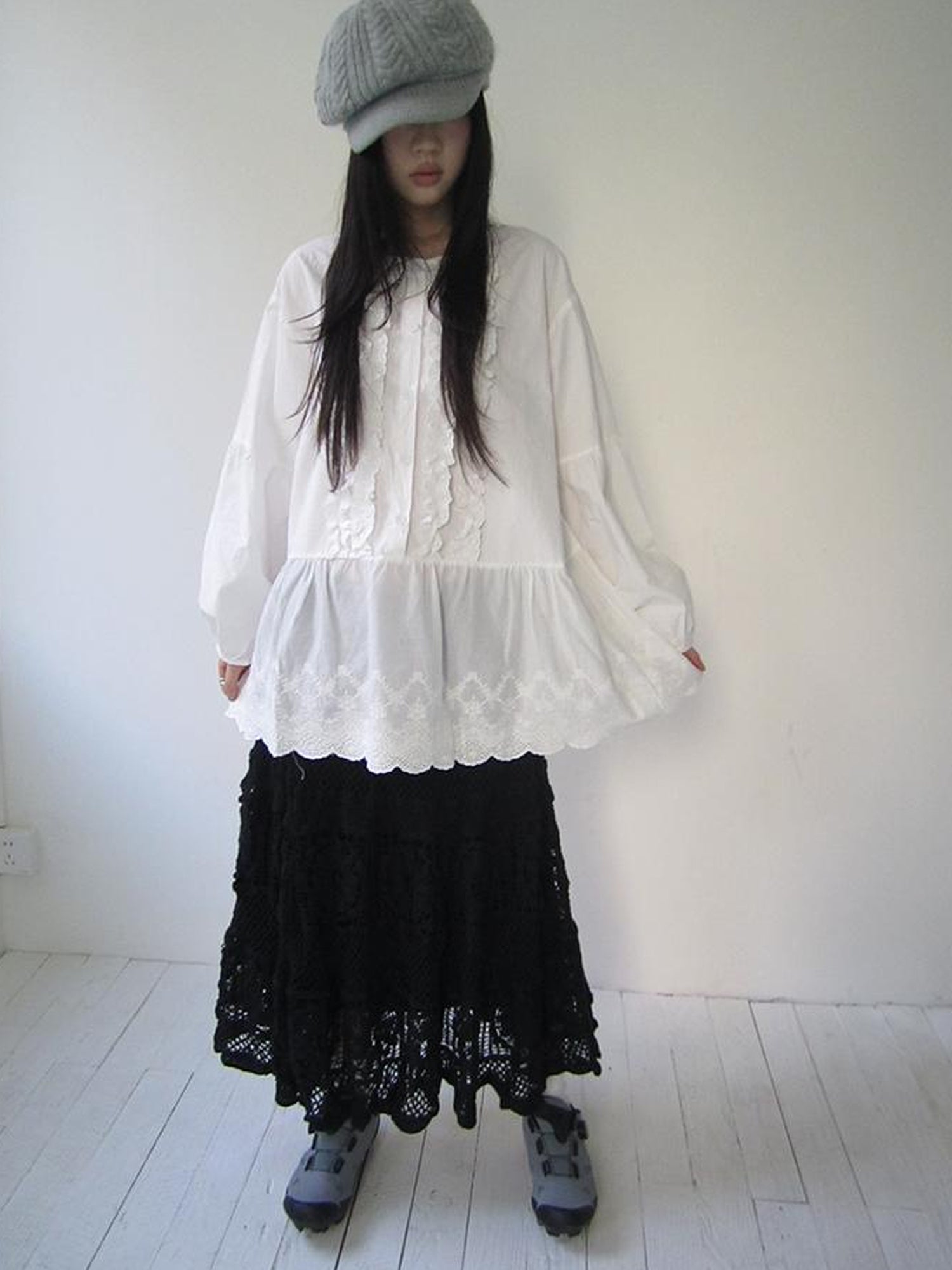 ang project Vintage White Embroidered Lace Trim Oversized Round Neck Blouse