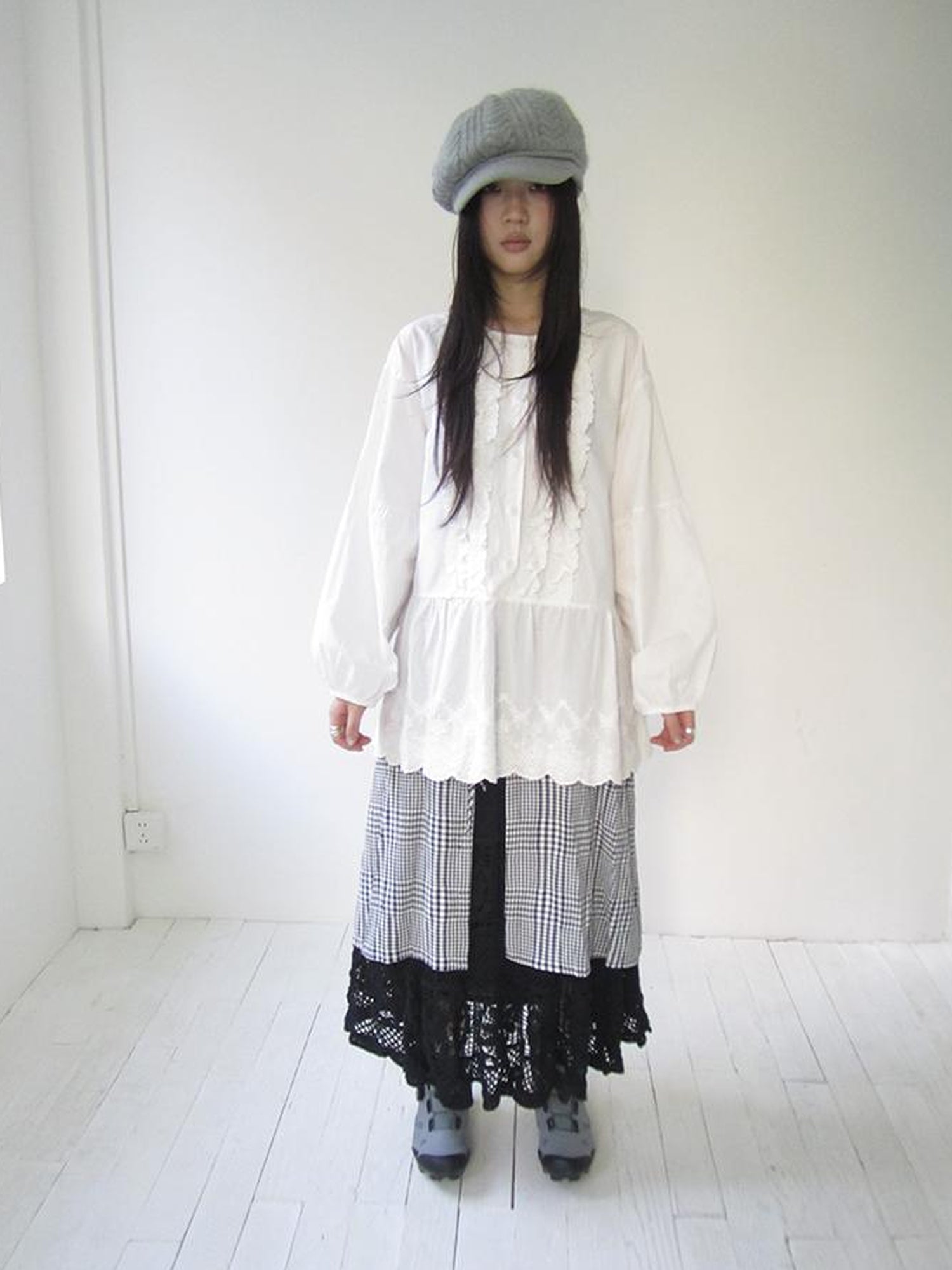 ang project Vintage White Embroidered Lace Trim Oversized Round Neck Blouse
