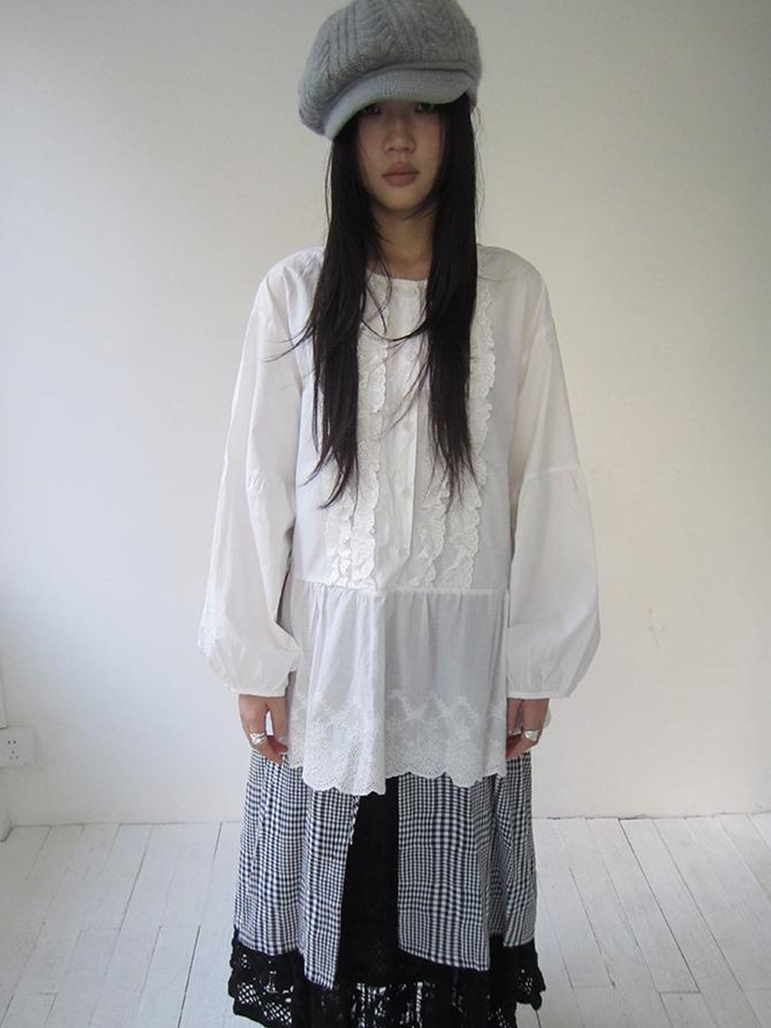 ang project Vintage White Embroidered Lace Trim Oversized Round Neck Blouse