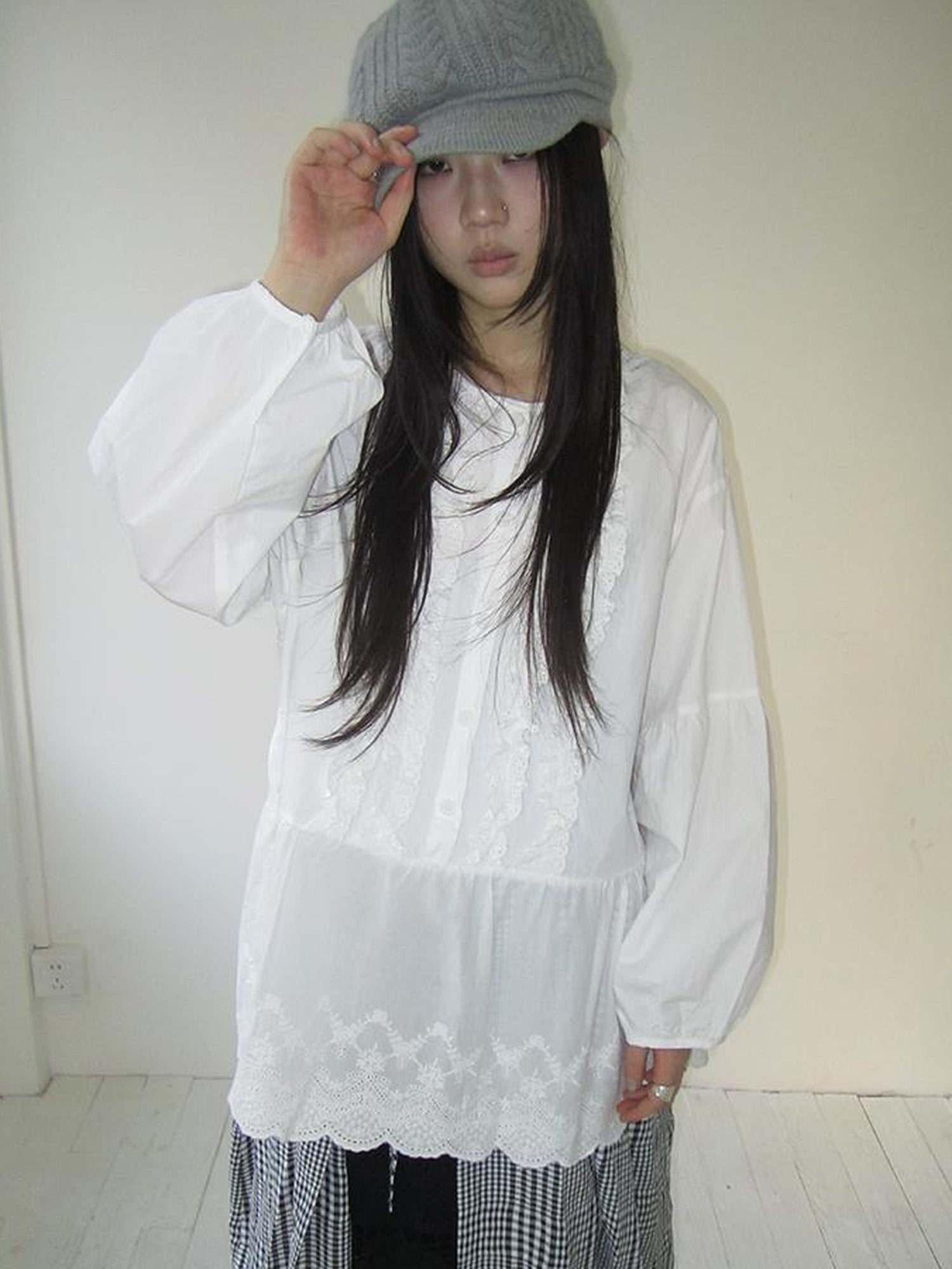ang project Vintage White Embroidered Lace Trim Oversized Round Neck Blouse