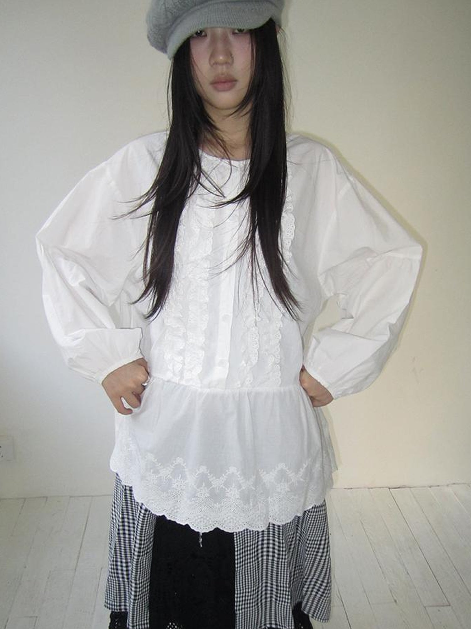 ang project Vintage White Embroidered Lace Trim Oversized Round Neck Blouse