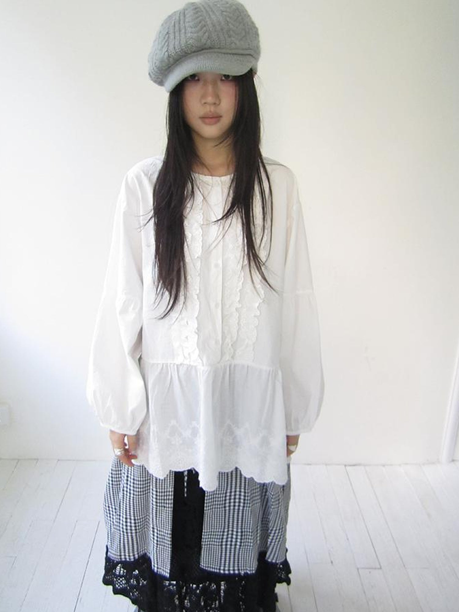 ang project Vintage White Embroidered Lace Trim Oversized Round Neck Blouse
