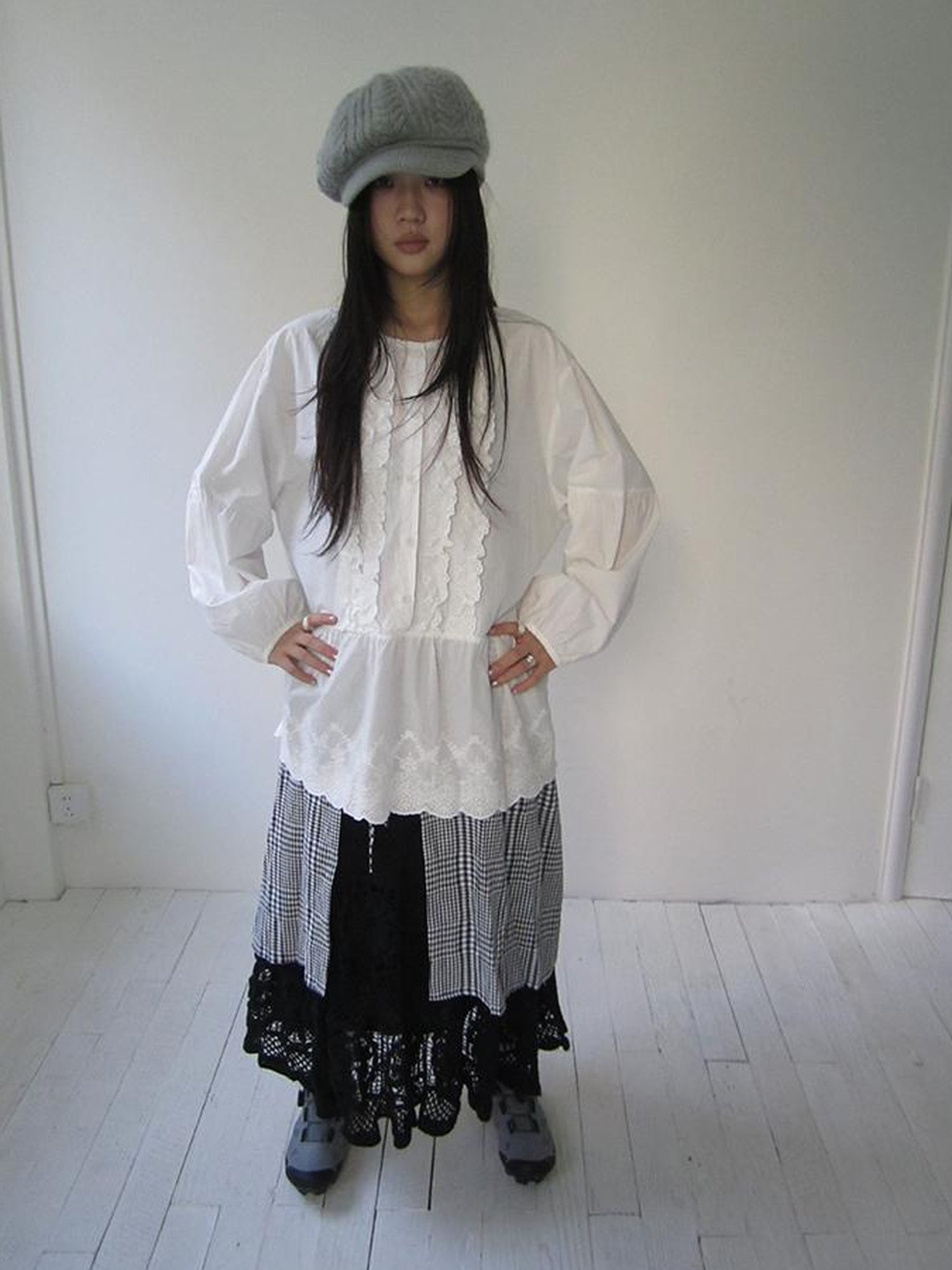 ang project Vintage White Embroidered Lace Trim Oversized Round Neck Blouse