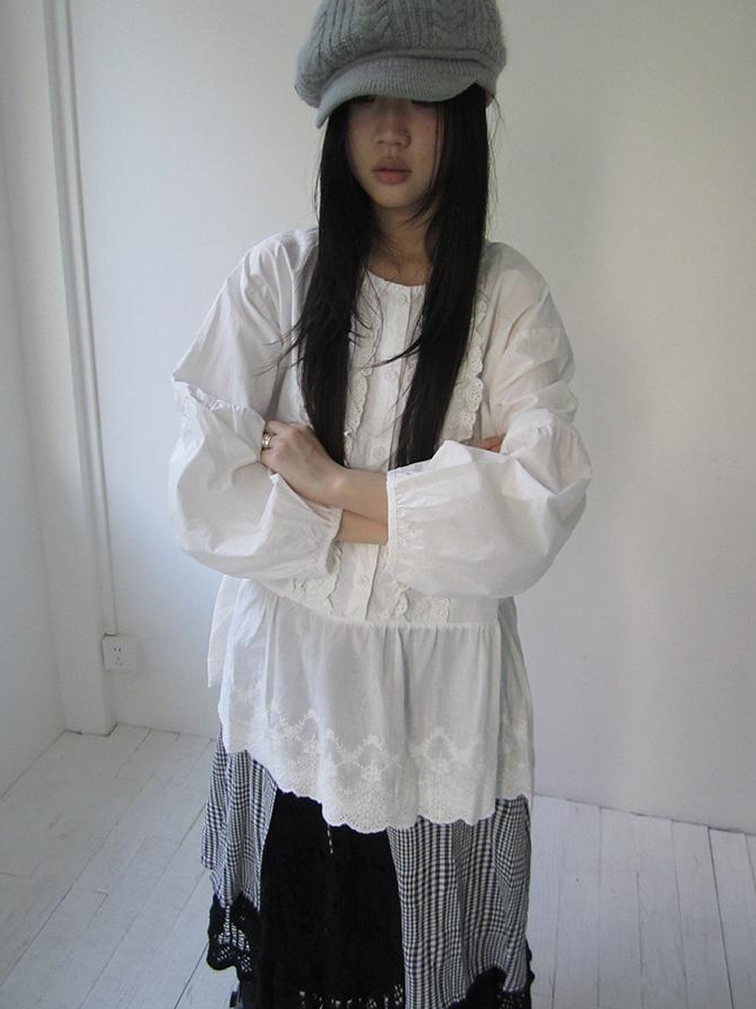 ang project Vintage White Embroidered Lace Trim Oversized Round Neck Blouse