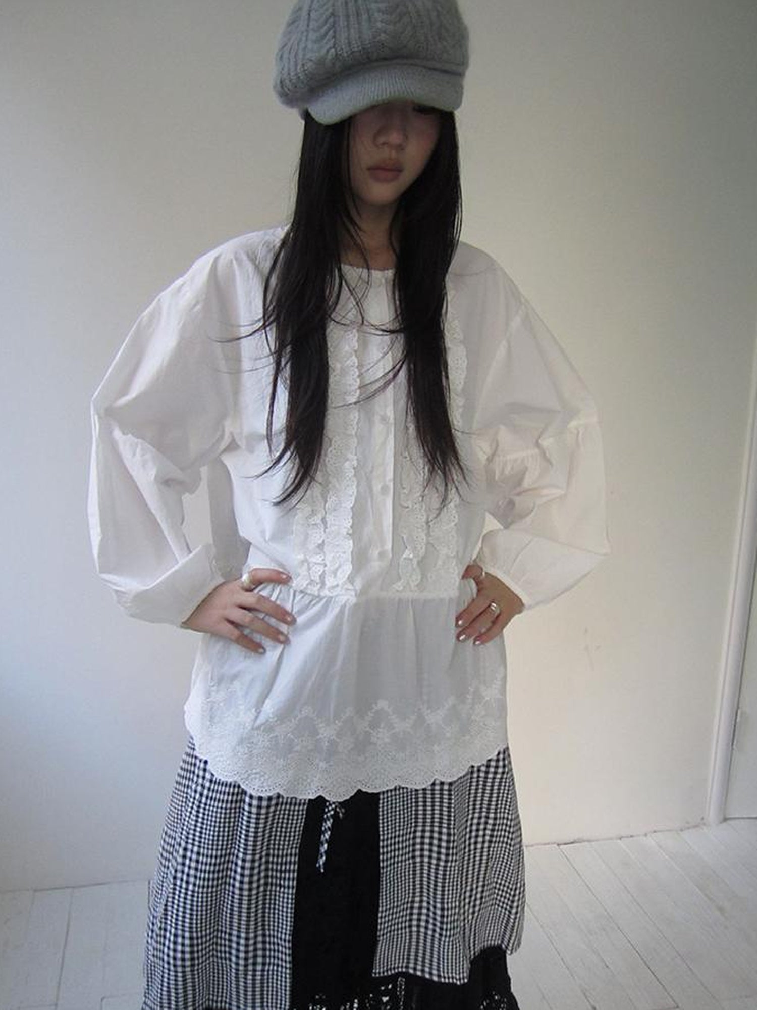 ang project Vintage White Embroidered Lace Trim Oversized Round Neck Blouse