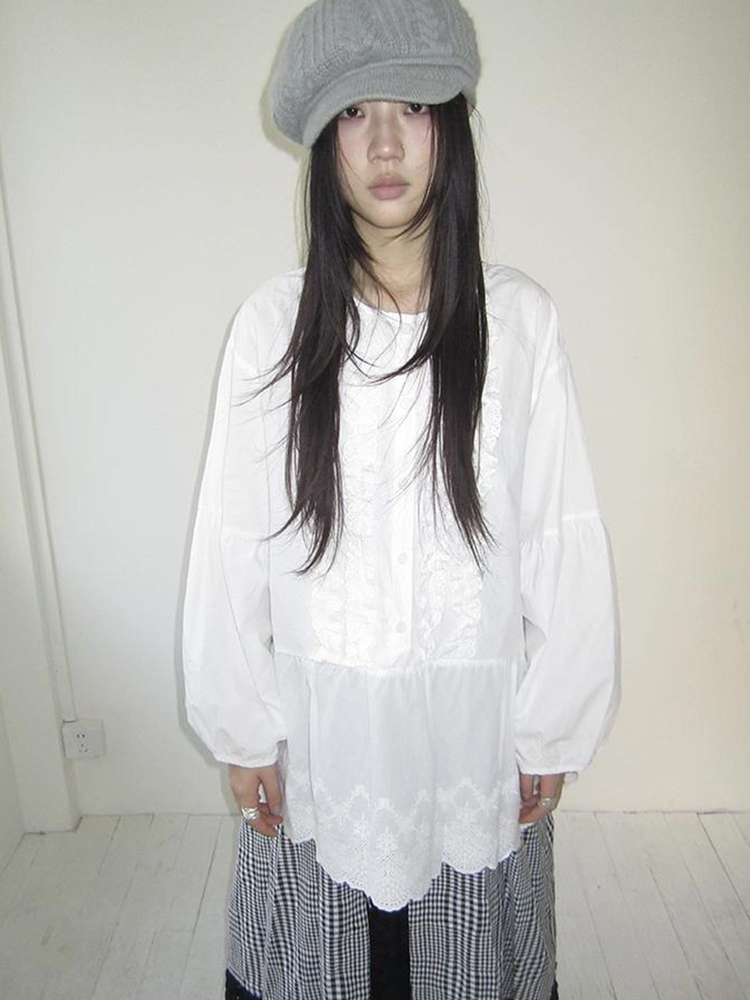 ang project Vintage White Embroidered Lace Trim Oversized Round Neck Blouse