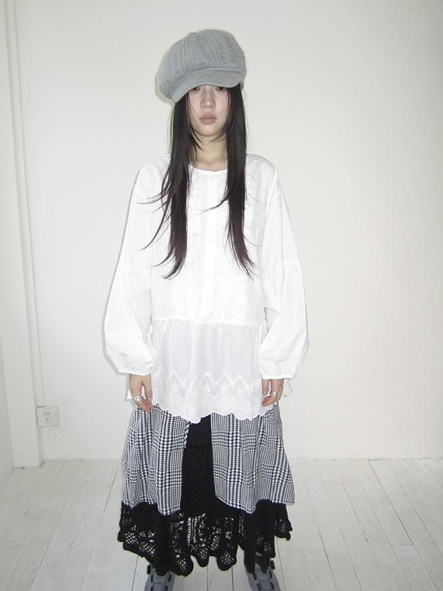 ang project Vintage White Embroidered Lace Trim Oversized Round Neck Blouse