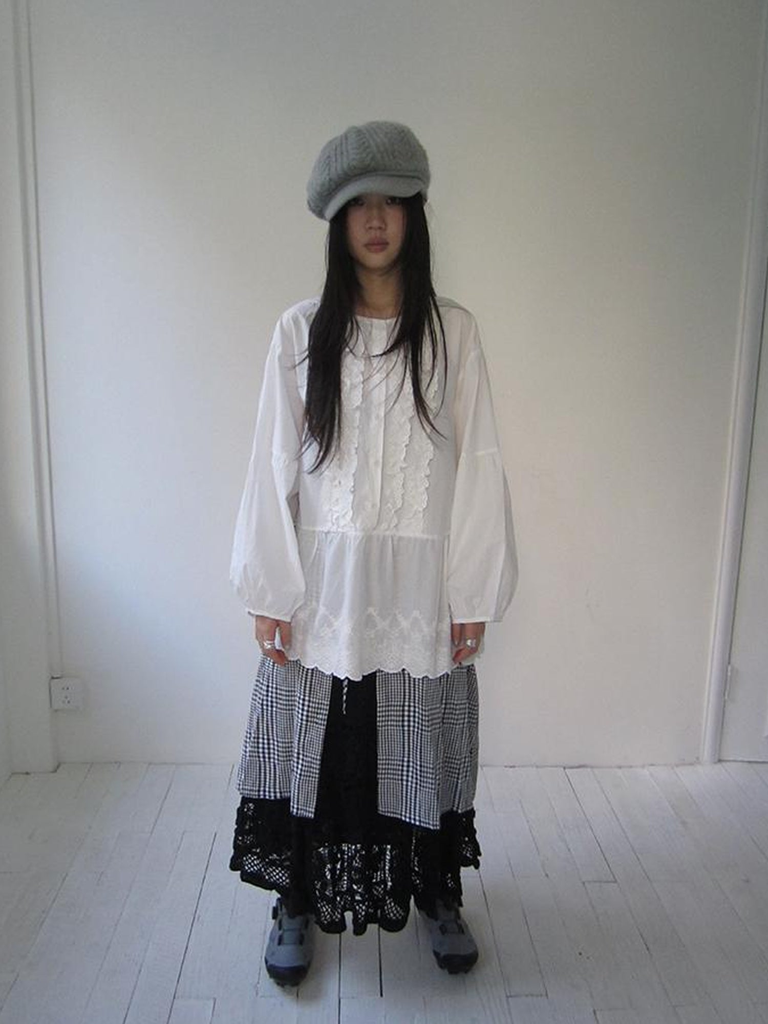 ang project Vintage White Embroidered Lace Trim Oversized Round Neck Blouse