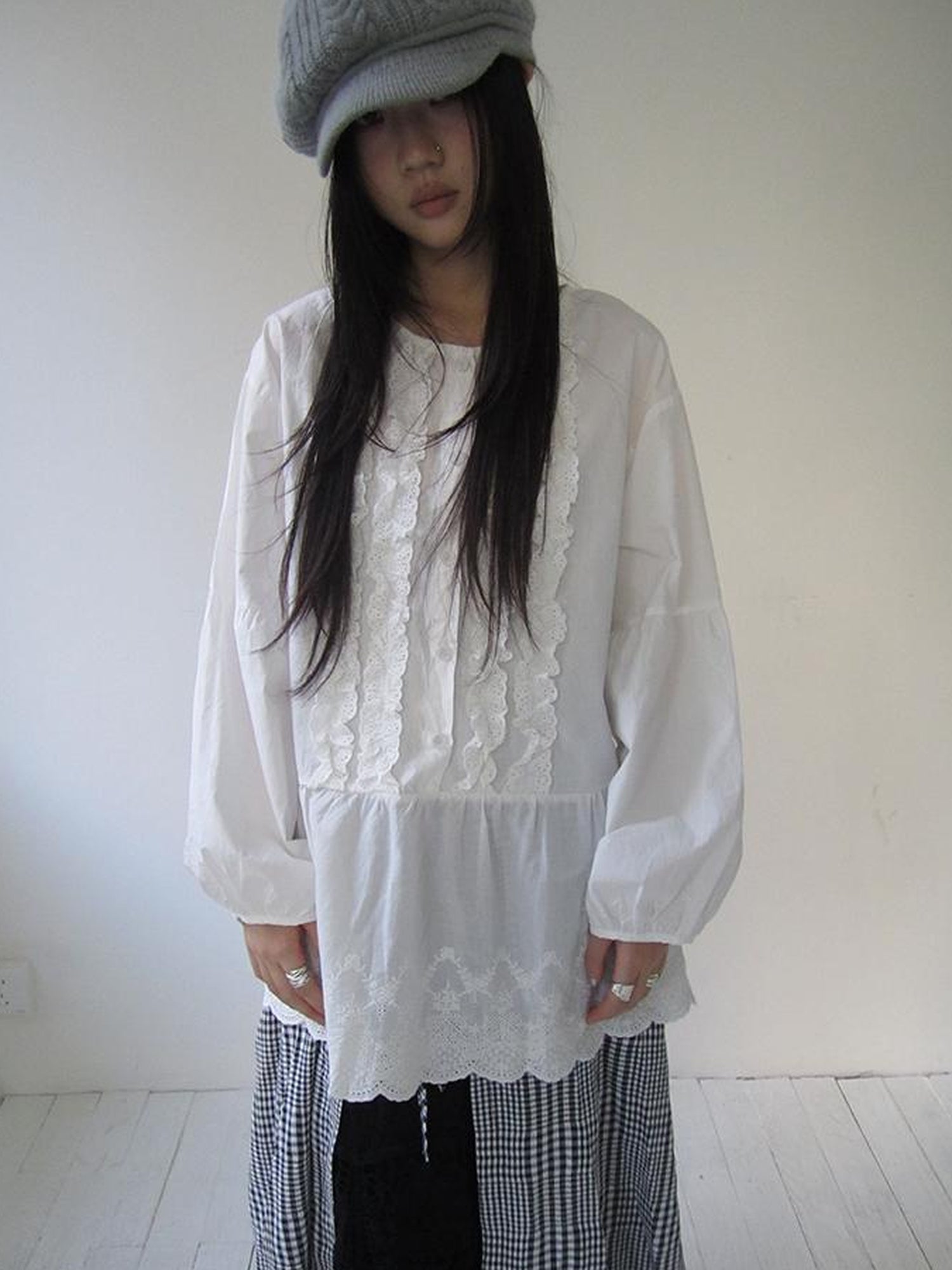 ang project Vintage White Embroidered Lace Trim Oversized Round Neck Blouse