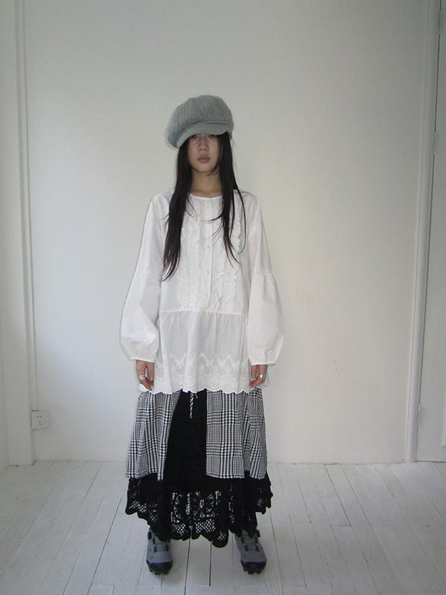 ang project Vintage White Embroidered Lace Trim Oversized Round Neck Blouse