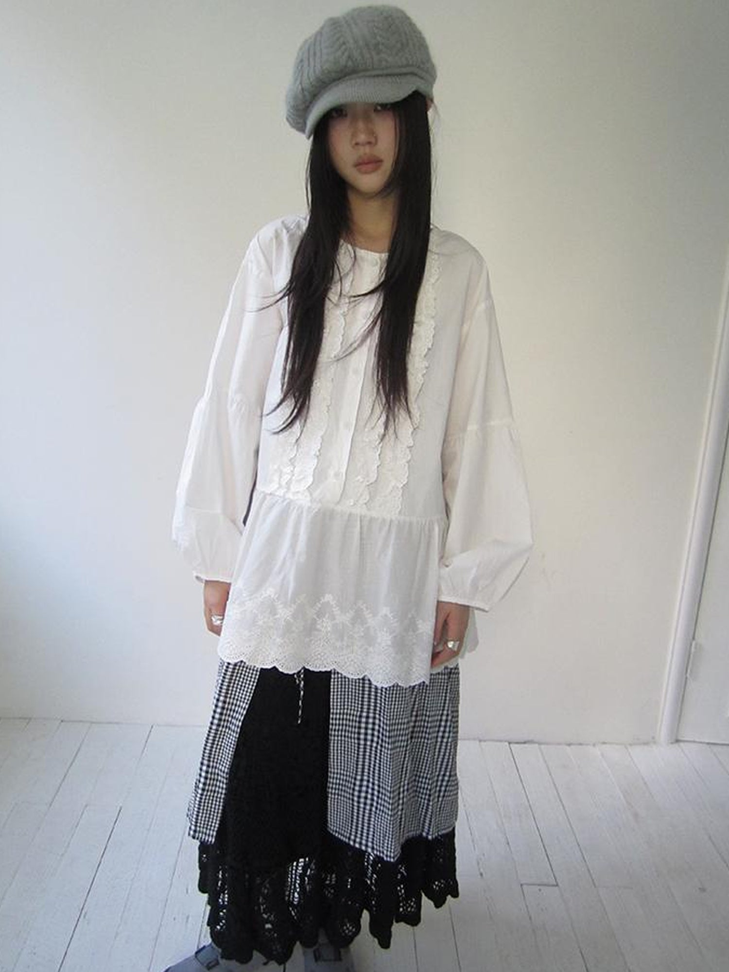 ang project Vintage White Embroidered Lace Trim Oversized Round Neck Blouse