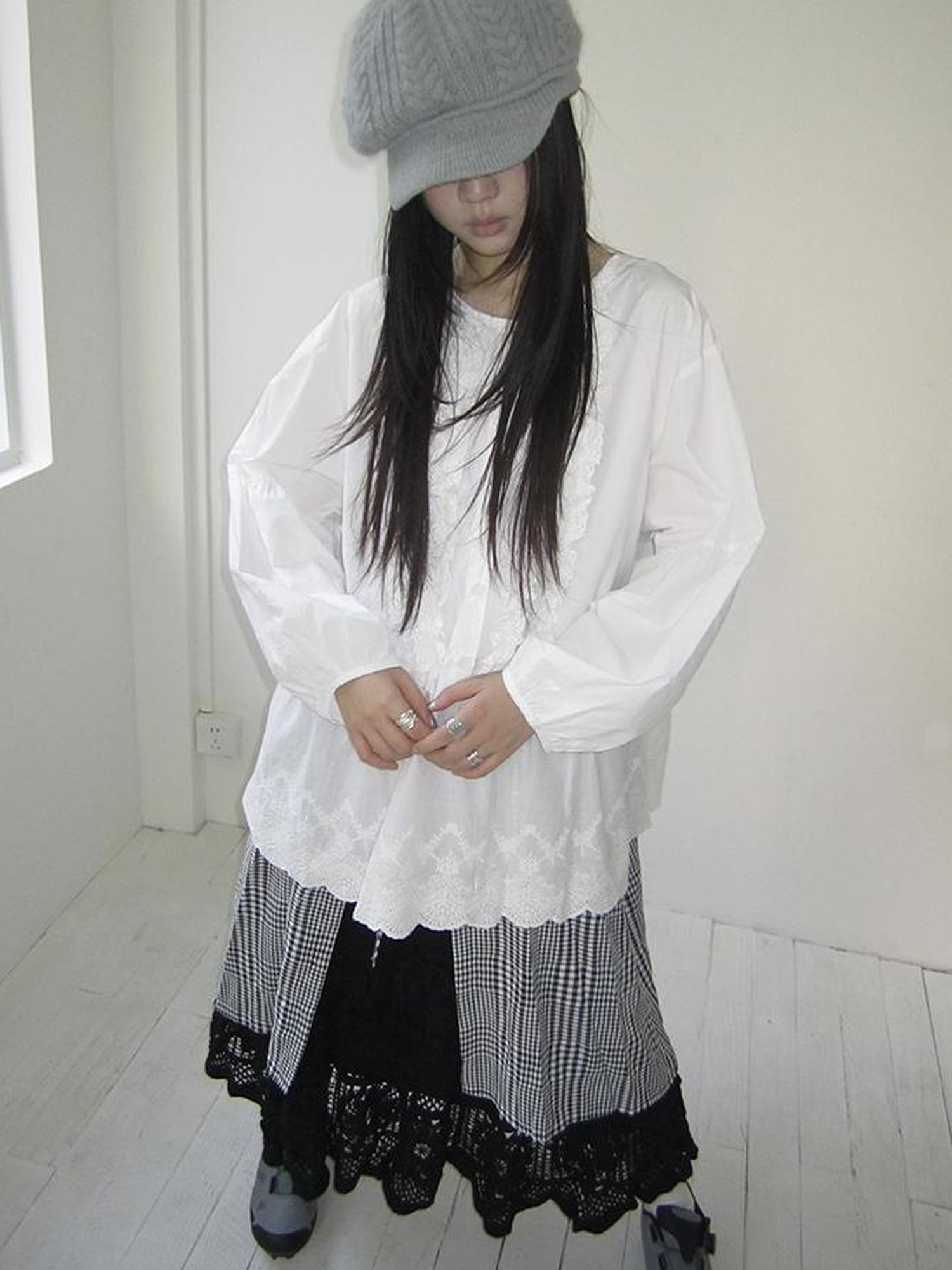 ang project Vintage White Embroidered Lace Trim Oversized Round Neck Blouse