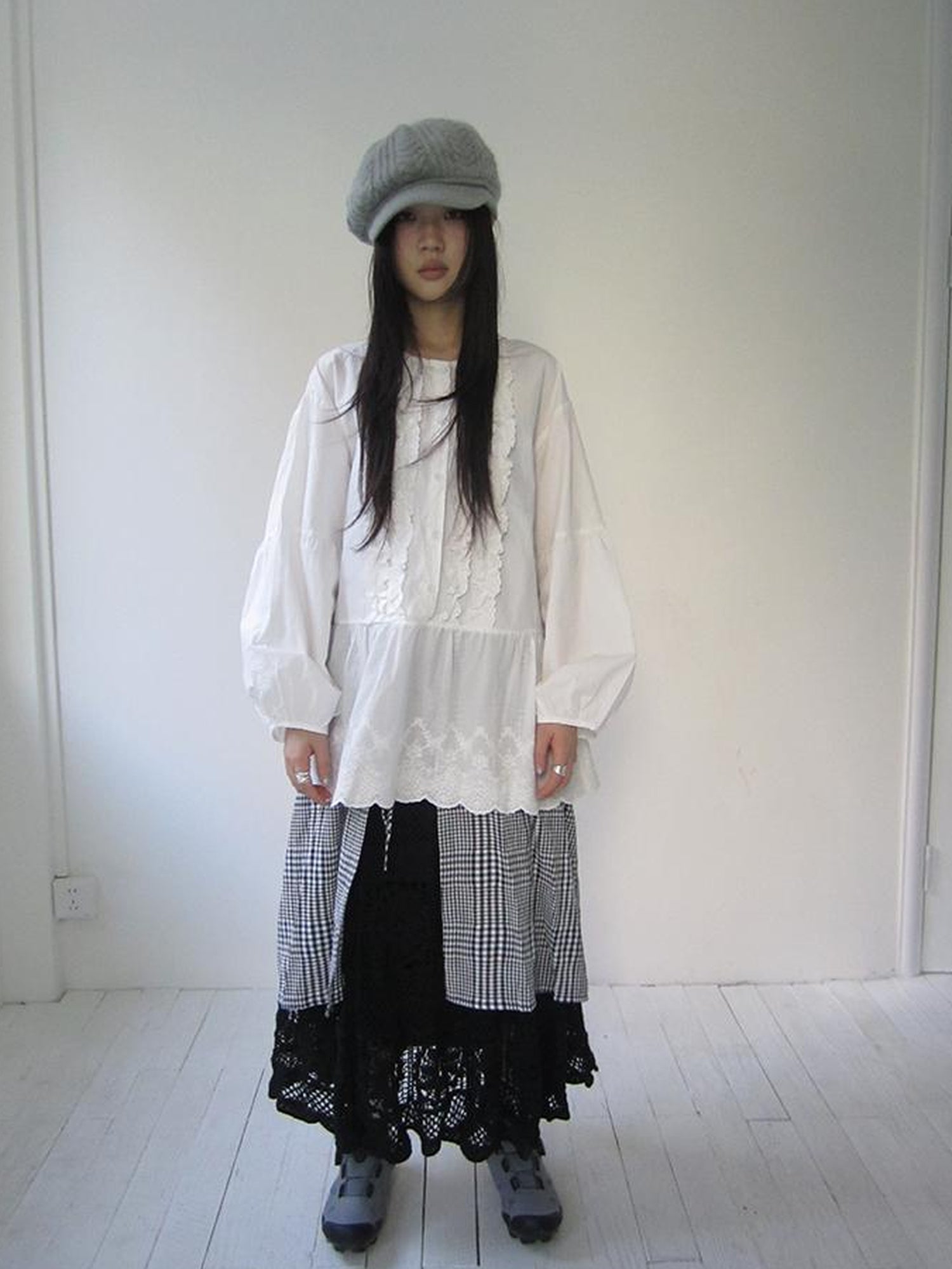 ang project Vintage White Embroidered Lace Trim Oversized Round Neck Blouse