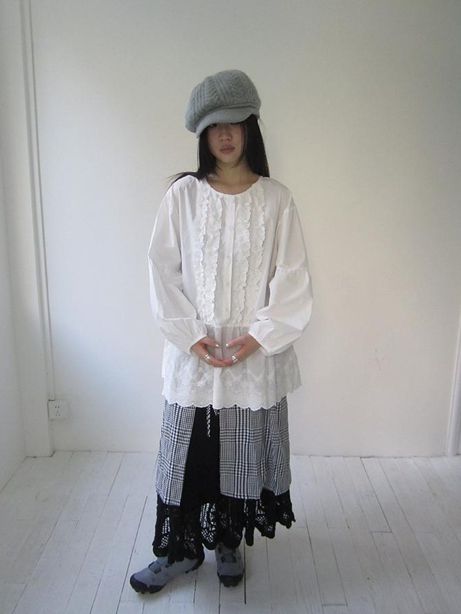 ang project Vintage White Embroidered Lace Trim Oversized Round Neck Blouse
