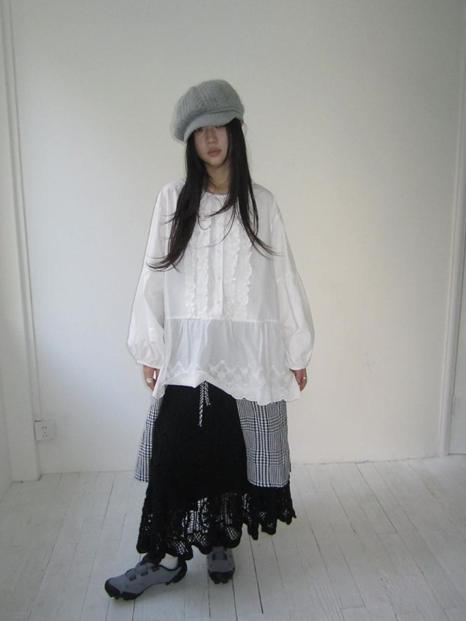 ang project Vintage White Embroidered Lace Trim Oversized Round Neck Blouse
