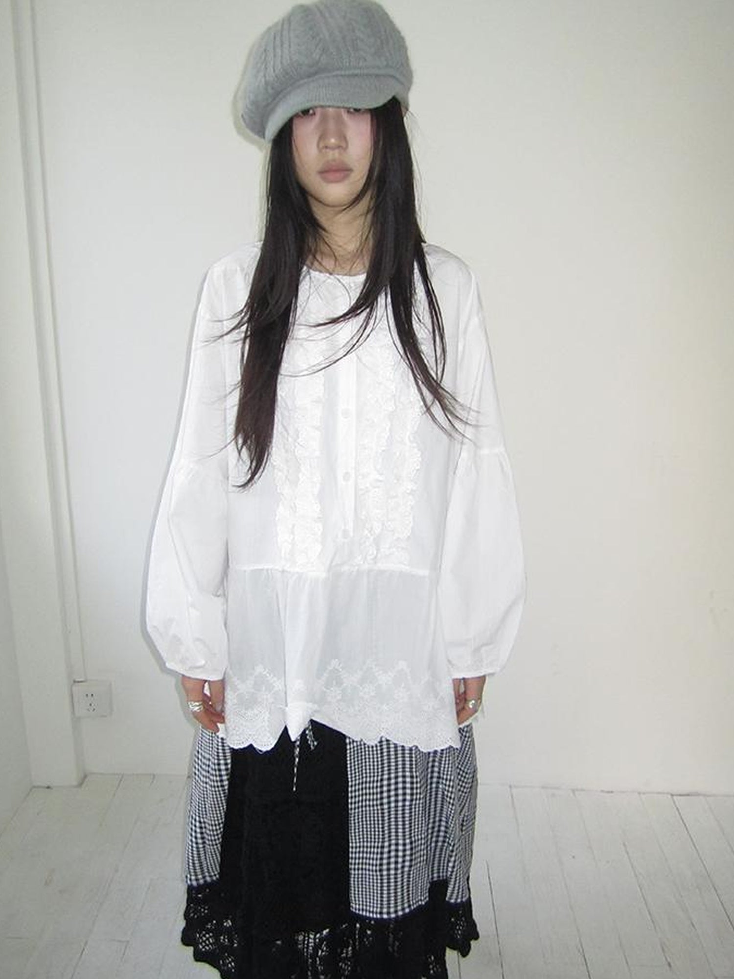ang project Vintage White Embroidered Lace Trim Oversized Round Neck Blouse