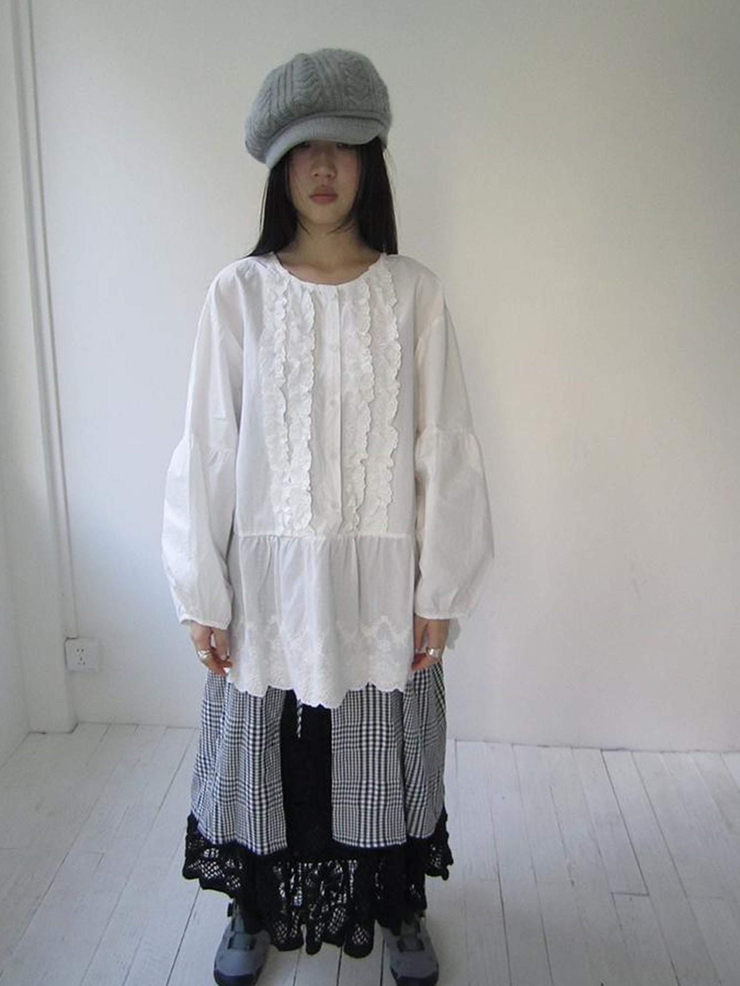ang project Vintage White Embroidered Lace Trim Oversized Round Neck Blouse