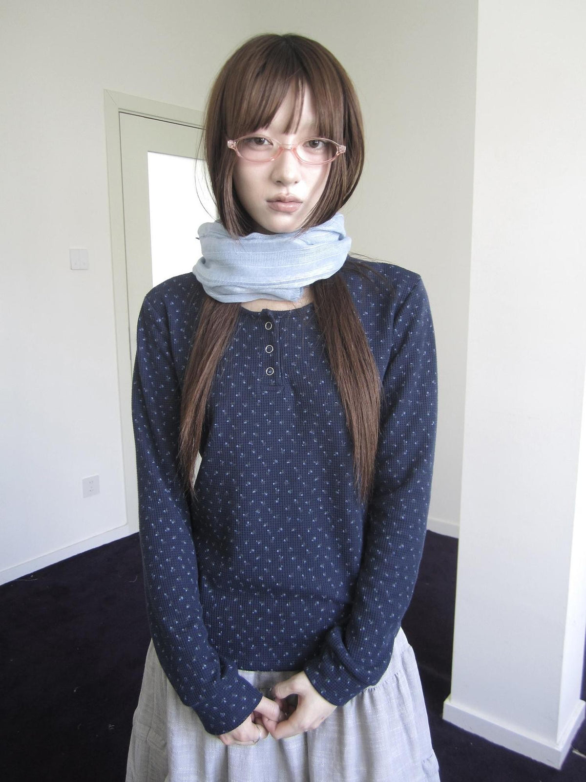 ang project Waffle Knit Floral Print Three Button Roundneck Women&