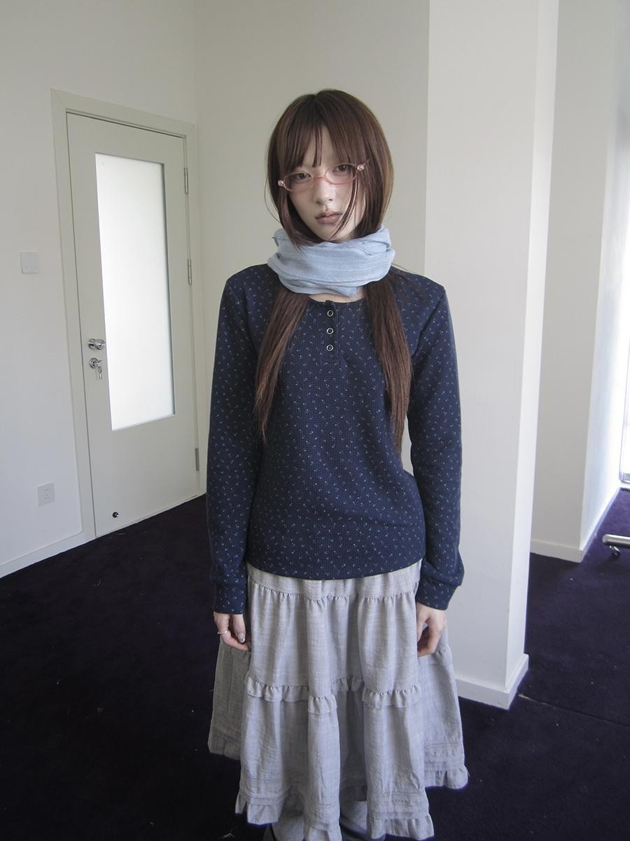 ang project Waffle Knit Floral Print Three Button Roundneck Women&