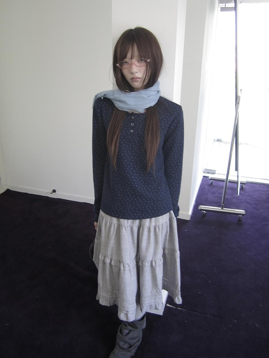 ang project Waffle Knit Floral Print Three Button Roundneck Women&